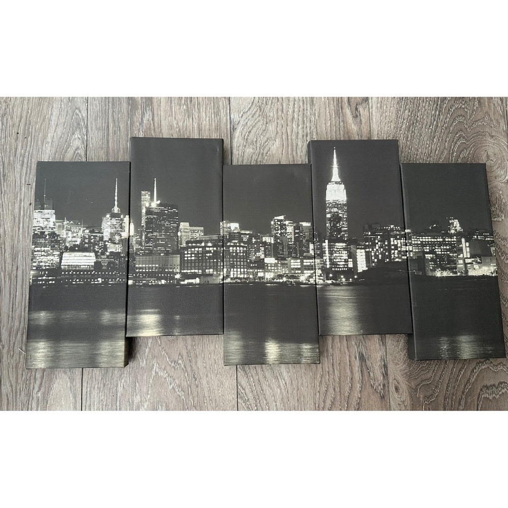 New York City Skyline 5 Panel Canvas Wall Art Black White NYC Manhattan Decor